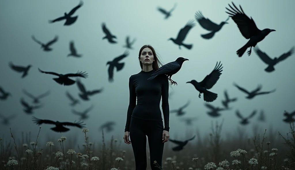 arafed woman in black top and pants standing in front of birds, flora borsi, among ravens, by Galen Dara, ravens stormy sky of foreboding, with a crow on her shoulder, photography alexey gurylev, swarms of ravens, crows, photography alexey kurylev, inspired by Richard Avedon, promo shot