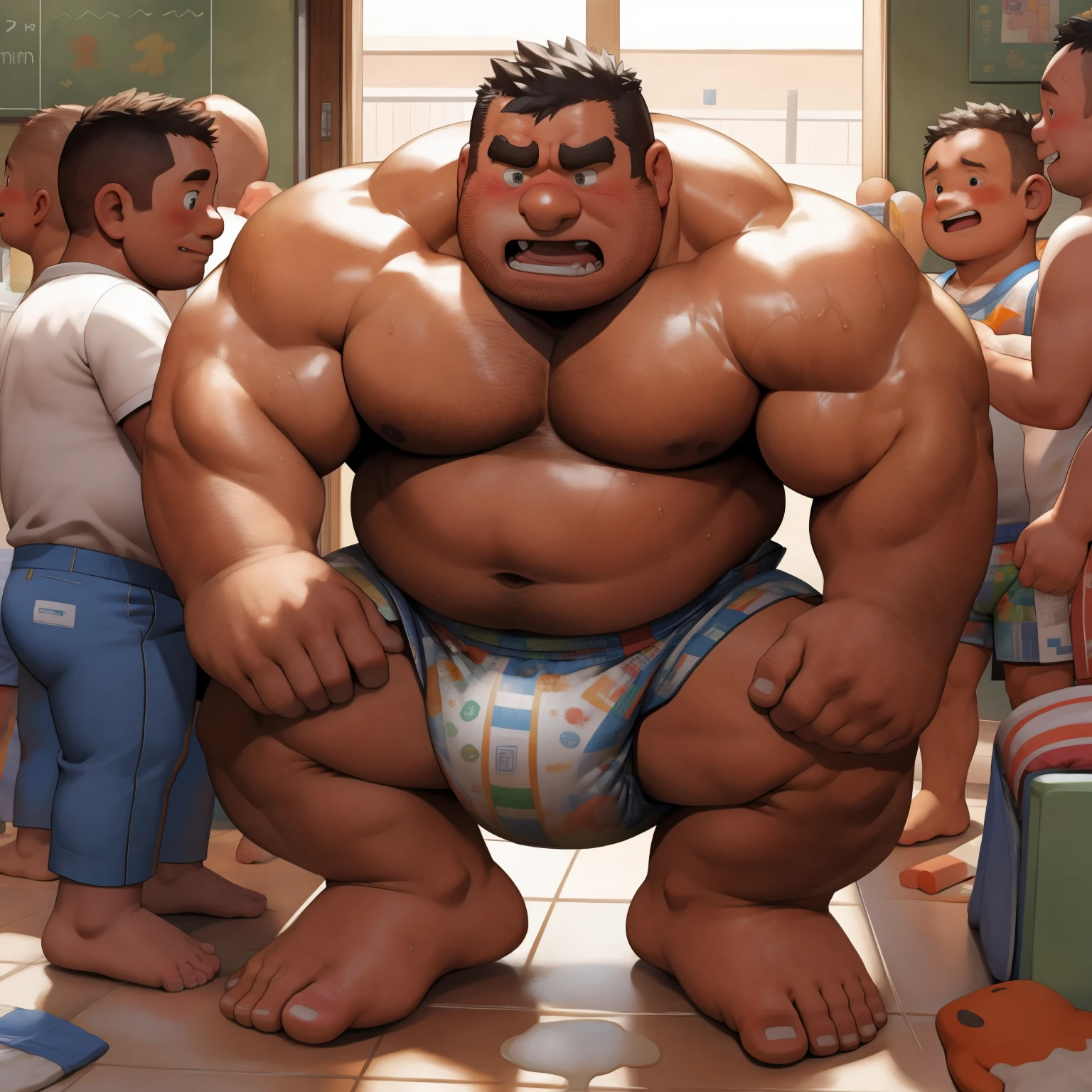 masterpiece, Top quality, in 32K, perfect anatomy, hyper detailed, super fine illustration, The thick man is a brutal retarded prisoner, hairy human, 50yo in Japan, (fatness: 1.0), Fatty muscle, Bowleg, disappointment, incontinent, shy, sissy, Weaker than children, Drool, Round face, be diaper check by children, waddle, There is a small puddle under him, incontinent, Bowleg, spread legs, wear a White cloth Diaper, Bare belly, Bare legs, Bare foots, Bare soles, Shirtless, wide forehead and short thinning hair, Man with round face with stubble, Bare foots, Bare soles, He enters nursery school and is despised by children, He surrounded by children, His bottom is wet, Bare foots, big butt, he is scolded by the children, White Diaper, He surrounded by children, sobbing, wear a White cloth Diaper, shirtless, There is a small puddle under him, big butt, sobbing, He is forced to stand in front of children, side view
