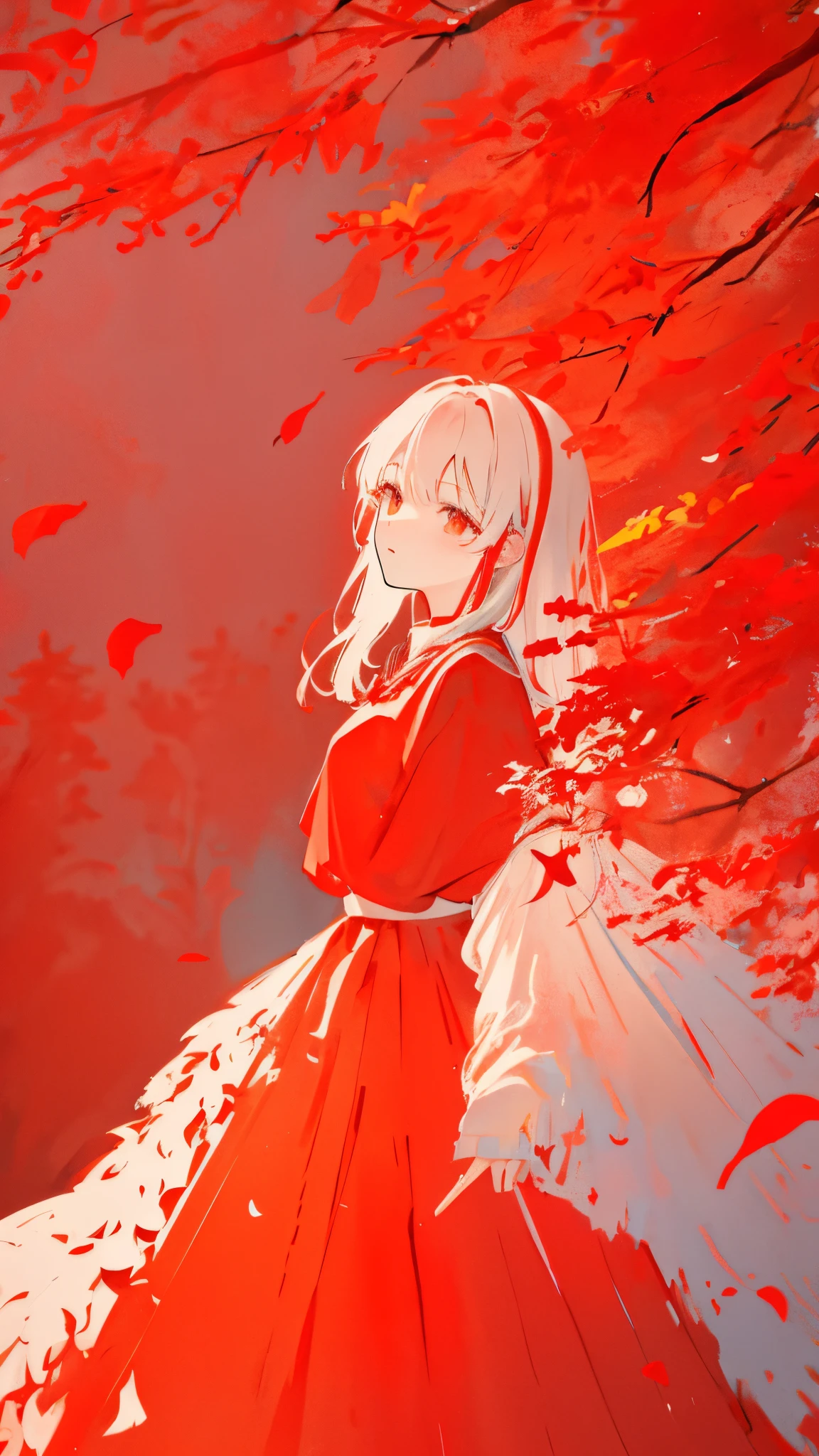 teacher、limited palette、colourfull、landscapes、Woman in wedding dress、the woods、natta、Red flowers、red leaves、Detailed background、masterpiece、top-quality、