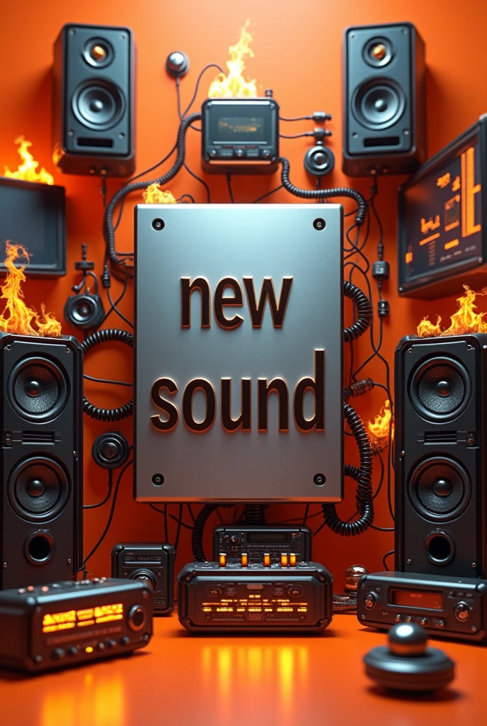That it has new sound written on it that looks real and that the background is light orange and with speakers on all sides and with screens, radios and flames of fire