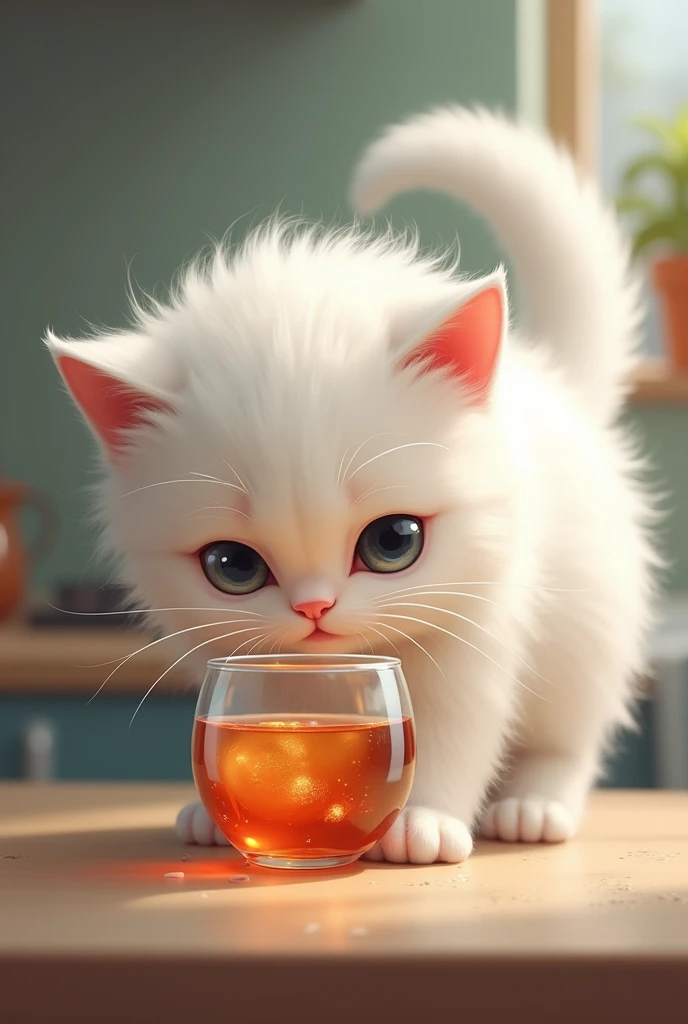 The cat curiously sniffing the zehreela drink, showing its innocent curiosity. White cat