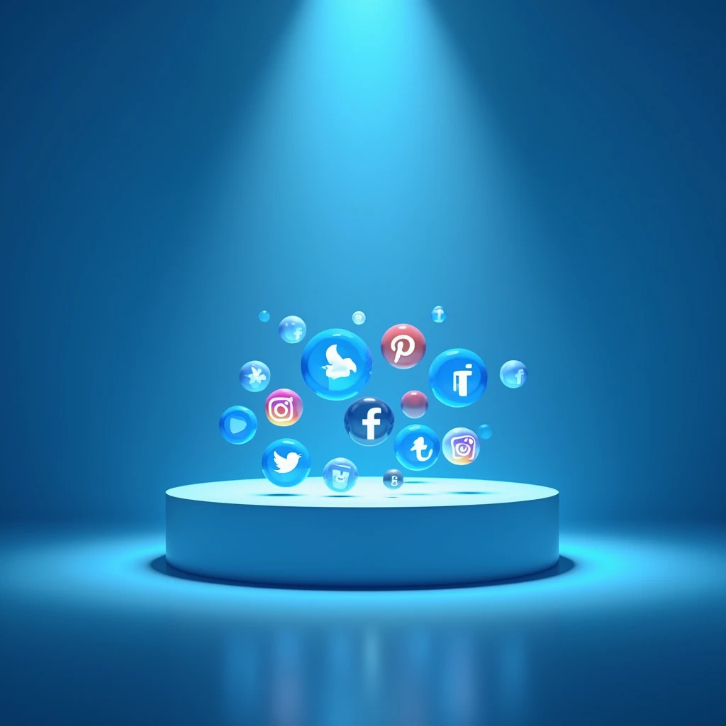 Social media icons in a beautiful way with a blue background and lighting from one angle