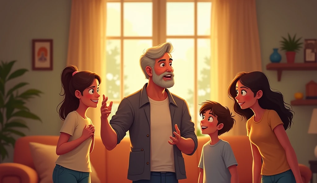 A man telling good news to his family.