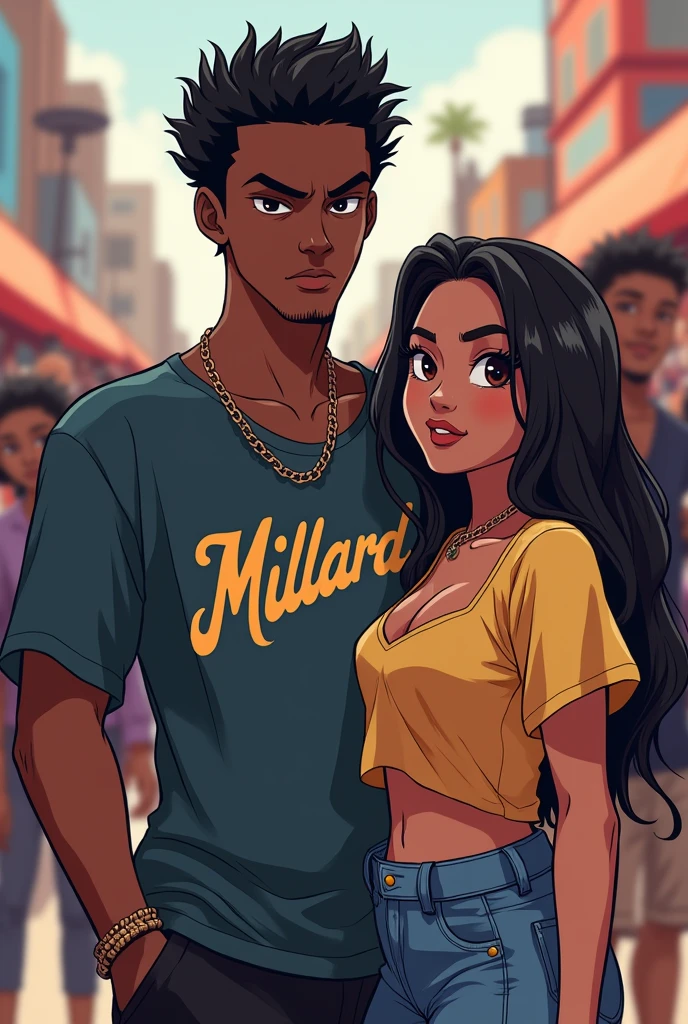 Anime hot boy with the word Millard on shirt who is next to a girl and he's black and the girl and boy are but has All the ladies 😉😉