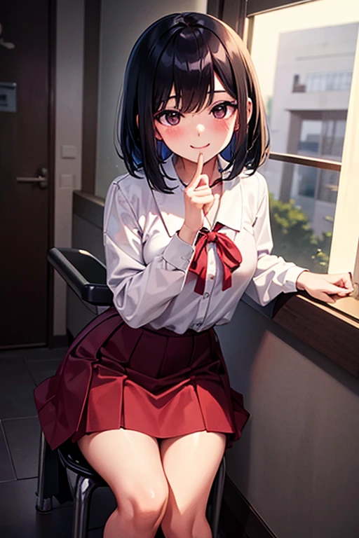 Young, elementary school student, black hair, bob hair, white blouse, red skirt, school toilet, ghost story, Hanako, smile, night, spooky, fear