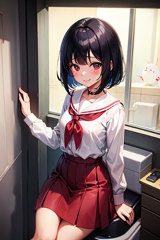 Young, , black hair, bob hair, white blouse, red skirt, school toilet, ghost story, Hanako, smile, night, spooky, fear