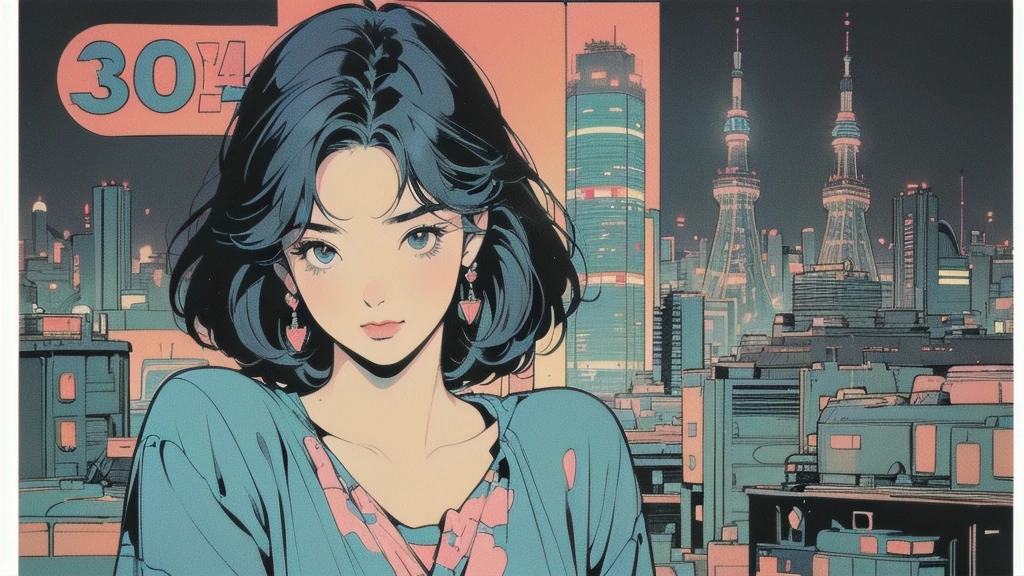 (((Masterpiece, top quality))), most detailed background, (((flat chest))), (((32K wallpaper))), (((retro night city and woman))), (((woman with Tokyo Tower in the distance))), (((Tokyo Tower is one))), most detailed background, (((night city))), (((flat chest))), (((( surrounded by many intricate and sophisticated retro cityscapes, )))) upper body, (((1:1:1 ))), upper body, (((1:1.2 ))), (((overall colorful))), perfect retro atmosphere, (((perfect face))), (((most complete retro city))), thin hair, short sleeve T-shirt, colorful hair color, (((HAPPY BIRTHDAY))),
