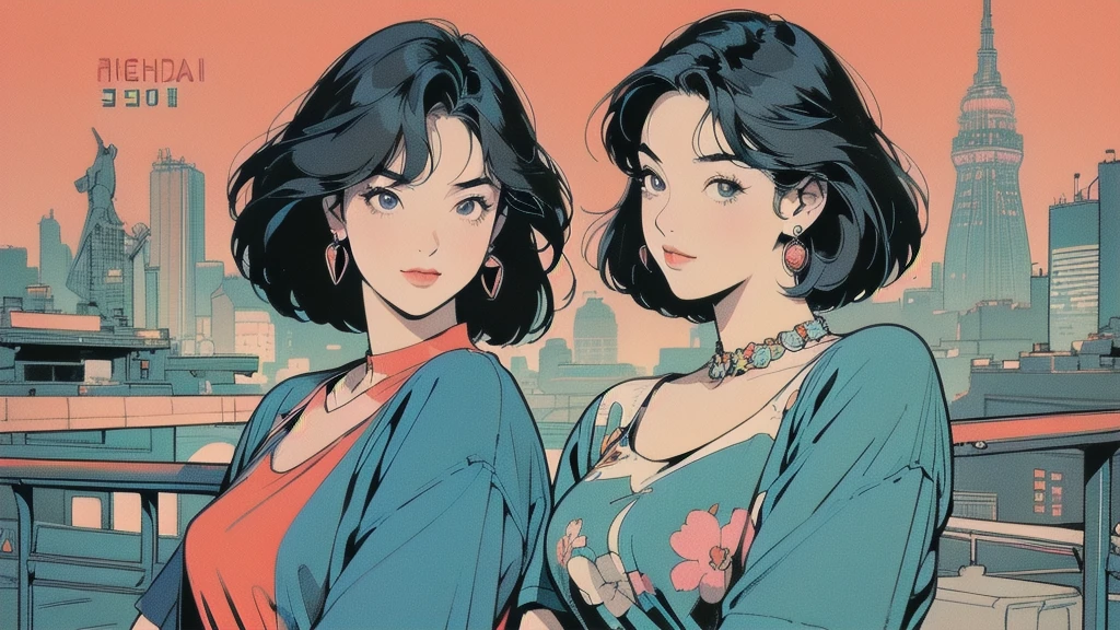 (((Masterpiece, top quality))), most detailed background, (((flat chest))), (((32K wallpaper))), (((retro night city and woman))), (((woman with Tokyo Tower in the distance))), (((Tokyo Tower is one))), most detailed background, (((night city))), (((flat chest))), (((( surrounded by many intricate and sophisticated retro cityscapes, )))) upper body, (((1:1:1 ))), upper body, (((1:1.2 ))), (((overall colorful))), perfect retro atmosphere, (((perfect face))), (((most complete retro city))), thin hair, short sleeve T-shirt, colorful hair color, (((HAPPY BIRTHDAY))),