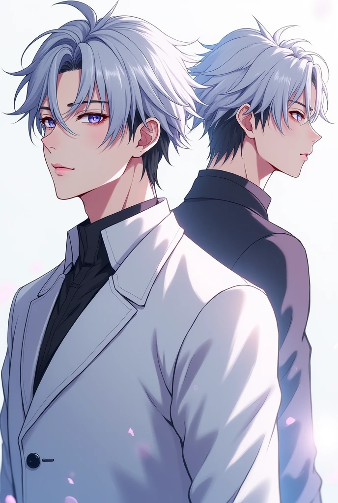 Can you create me a handsome anime boy with white hair with black tips and snow-white skin and light blue eyes with purple and that is in different positions from front to back and in profile?