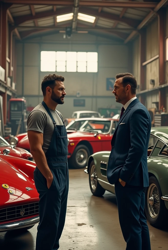 A large, old garage filled with classic cars such as Porsche, Ferrari, and BMW. The garage has a vintage, slightly worn look, with tools and car parts scattered around. Three mechanics are present, all wearing mechanic uniforms. One mechanic, the boss, is a tall, muscular yet naturally built dark-haired man with light stubble. He is dressed in a typical mechanic's outfit and is observing the other mechanics at work while conversing with a businessman. The businessman is a tall, clean-shaven blond man in his 40s, wearing a dark blue suit with a gold watch. The mechanics are busy; one is focused on working under the hood of a car, looking deeply concentrated. The lighting is warm, highlighting the rich details of the classic cars and the industrious atmosphere of the garage.