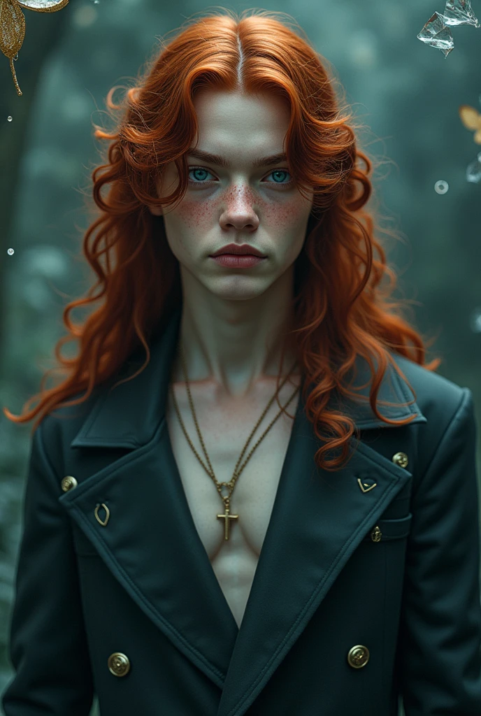 (solo, full body photo), (haze, fog, mist:1.3), chiaroscuro, best quality, photorealistic, 1 merman, (24yo:1.2), redhead, long dark purple hair highly detailed, 1700'S, digital photography, art by artgerm and ruan jia and greg rutkowski surreal painting gold butterfly filigree, broken glass, (masterpiece, sidelighting, finely detailed Fashionable eyes: 1.2) (perfect oval large eyes that gazes at the viewer), beautiful detailed face, blue gorgeous perfect eyes, (slightly curl hair), (attractive young man), (thick amazing hair), (seductive:1.1), (blushing:1.1), nake, full body with fish tail