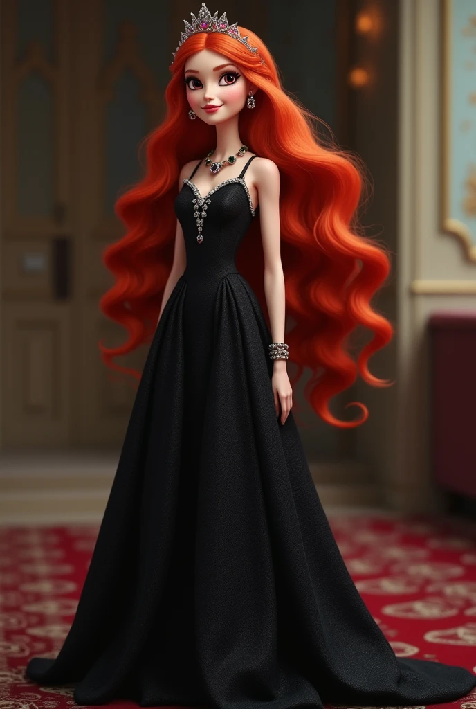 a realistic princess, red eyed, Red-hair, with a small crown with ruby diamonds and a long black fabric dress with a black diamond necklace and matching heels