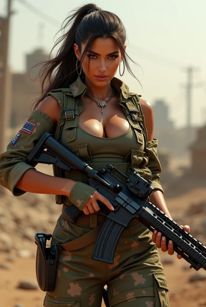 a sexy beautiful female soldier, israeli girl in action, wearing a sexy soldier's uniform, with an M-4 rifle battlefield background, sexy pose, very detailed, very accurate, 4k quality, beautiful lighting, bokeh, busty, big breasts, large boobs, cleavage, thin and slim waist, bubble booty, beautiful face, awesome lips, brunette, ponytail hair, voluptuous hourglass body. Epic cleavage. (120 DD size) Perfect anatomy, Perfect eyes, very detailed eyes, perfect hands, perfect body, perfect hair, perfect breast, accurate, UHD, retina, masterpiece, anatomically correct, textured skin, super detail, high details, high quality, award winning, best quality, highres, 16k, 8k. Carmen Electra.