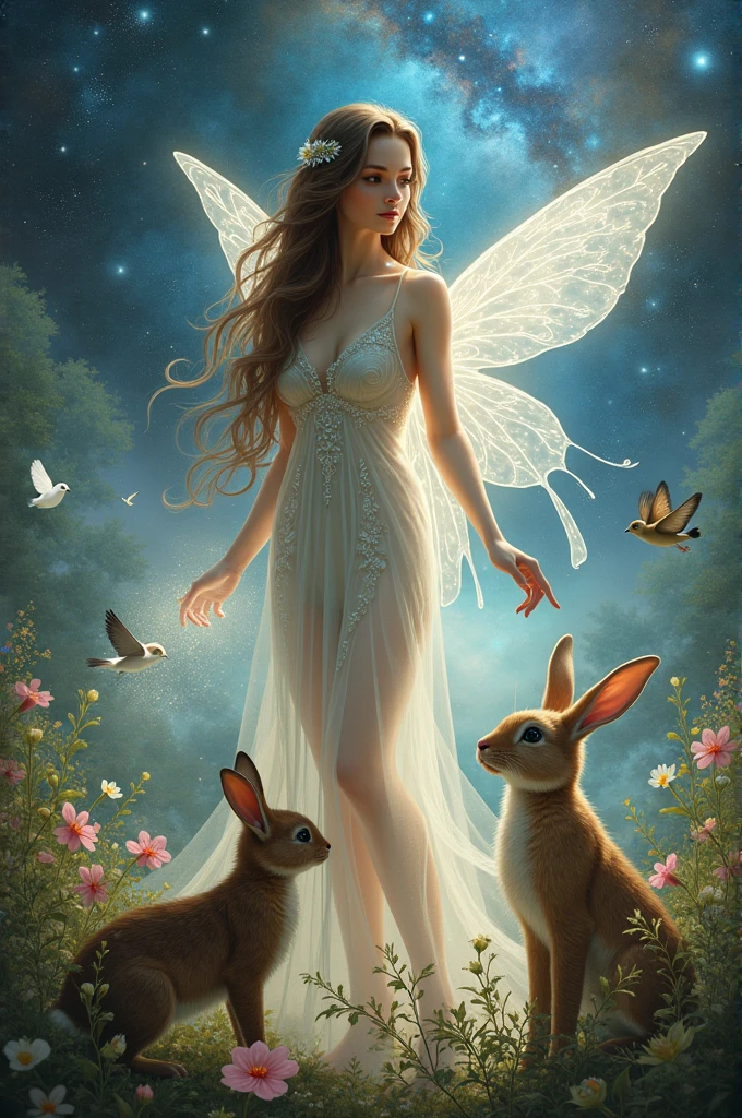 Brunette Fairy holding animals nebula and nature