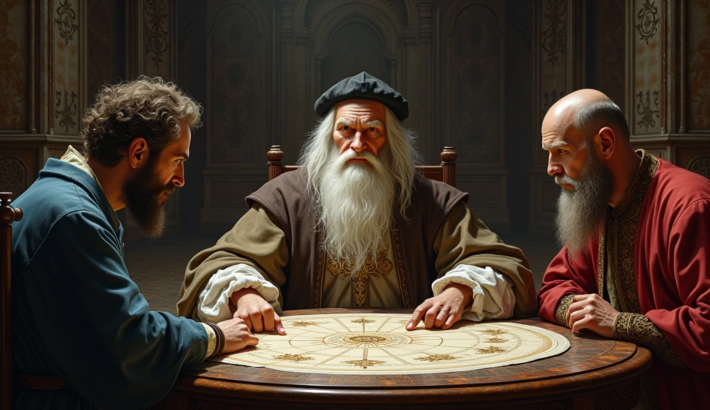 Michael Nostradamus has an oval face and a serious expression, a long beard and long dark, wavy white hair. He usually wears 16th century clothing, including a cloak or cape and a beret-type hat. His eyes are piercing and contemplative. in a temple thinking sitting with a Planisphere showing it to 2 friends