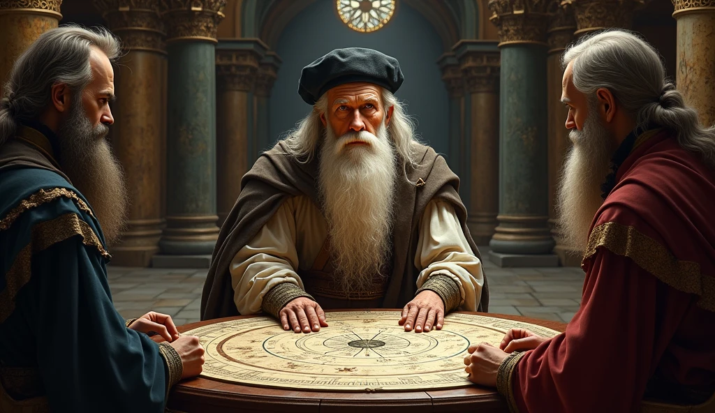 Michael Nostradamus has an oval face and a serious expression, a long beard and long dark, wavy white hair. He usually wears 16th century clothing, including a cloak or cape and a beret-type hat. His eyes are piercing and contemplative. in a temple thinking sitting with a Planisphere showing it to 2 friends