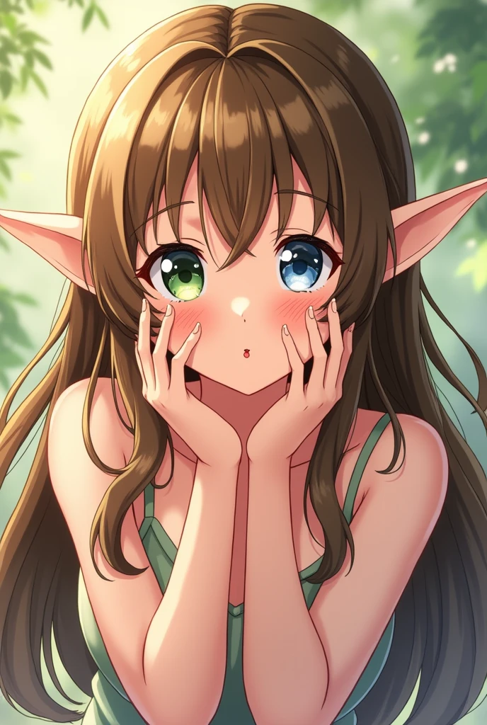 A not so realistic drawn cute and slightly sexy anime elf or fairy that is sending a kiss, with brown and golden long hair and blue and green eyes, without a backround, in anime style drawn: without much lightning and sharper edgesof colors