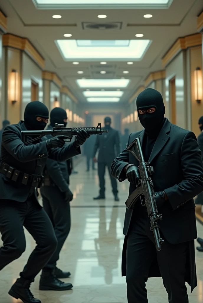 A tense, wide-angle shot of the bank lobby during the robbery. The robbers are masked and armed, holding hostages at gunpoint. The hostages look frightened and confused, with the robbers shouting orders, adding to the chaotic atmosphere.