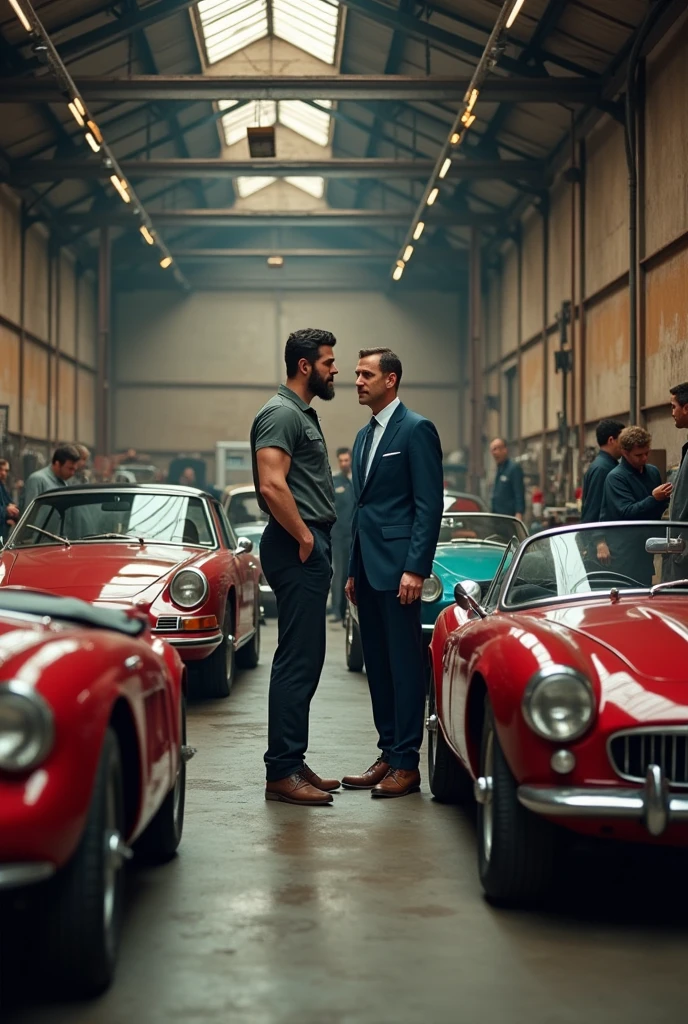 A large, old garage filled with classic cars such as Porsche, Ferrari, and BMW. The garage has a vintage, slightly worn look, with tools and car parts tered around. Three mechanics are present, all wearing mechanic uniforms. One mechanic, the boss, is a tall, muscular yet naturally built dark-haired man with light stubble. He is dressed in a typical mechanic's outfit and is observing the other mechanics at work while conversing with a businessman. The businessman is a tall, clean-shaven blond man in his 40s, wearing a dark blue suit with a gold watch. The mechanics are busy; one is focused on working under the hood of a car, looking deeply concentrated. The lighting is warm, highlighting the rich details of the classic cars and the industrious atmosphere of the garage.