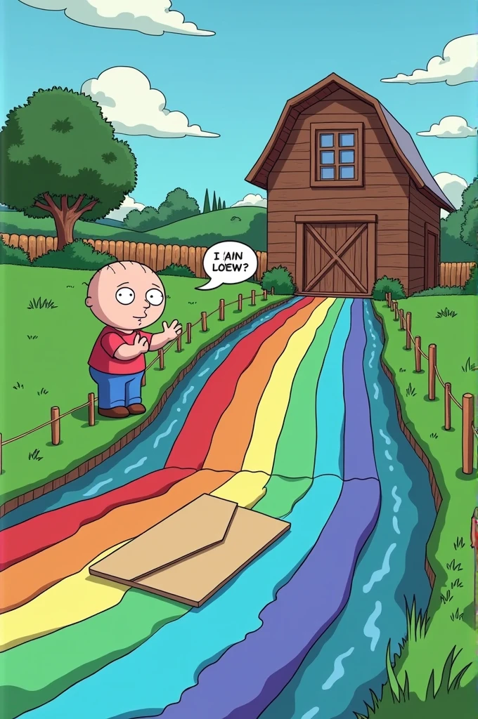 an envelope sliding down a flowing rainbow river with a barn as the background and grass on the side with Brian griffin asking peter griffin “yeah this isn’t gonna end up being sent to France”