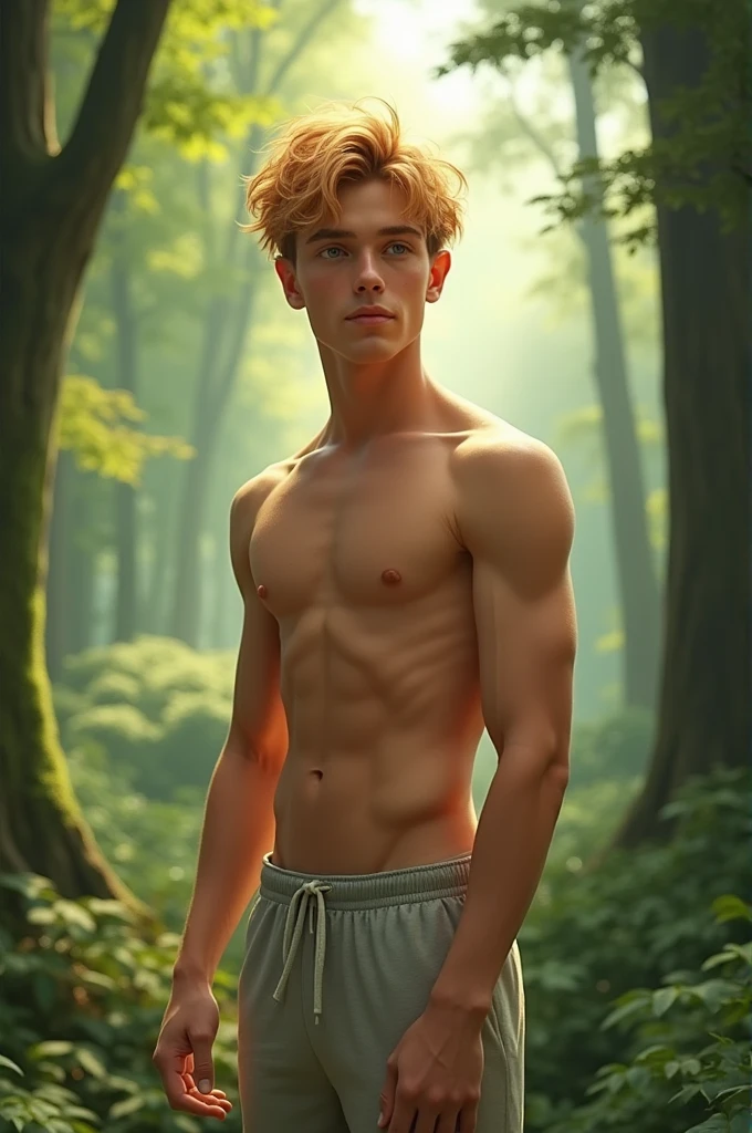 Cute boy with short strawberry blonde hair wearing sweatpants and no shirt in beautiful forest