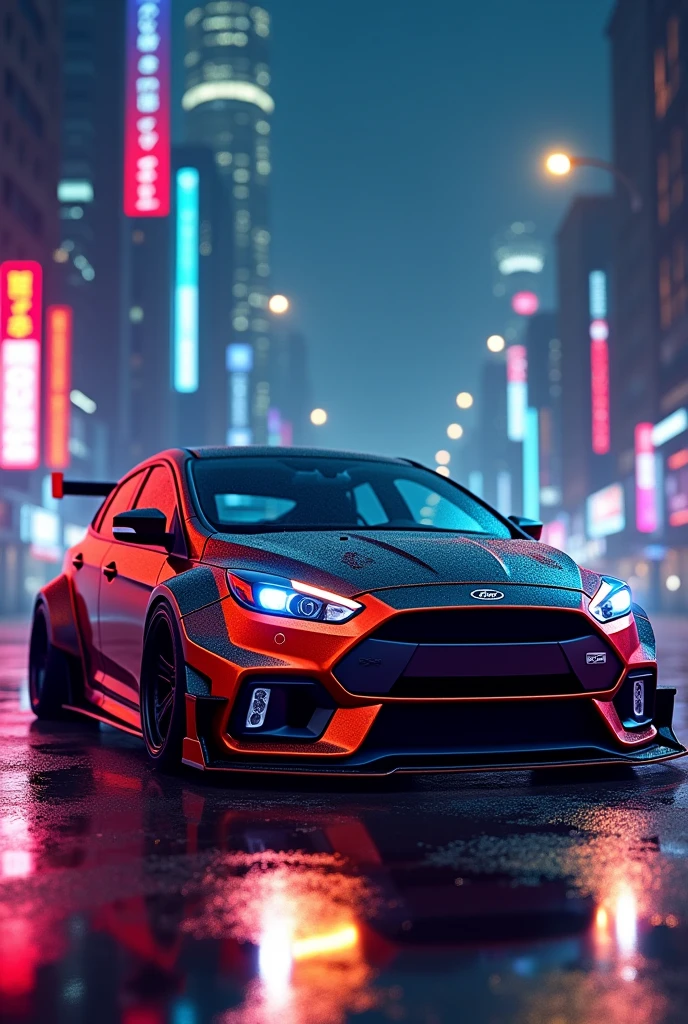 Ford focus with body kit in a night city with neon lights ready to hit the road at dawn, embodies and power. show me the vehicle turned to the right side and front