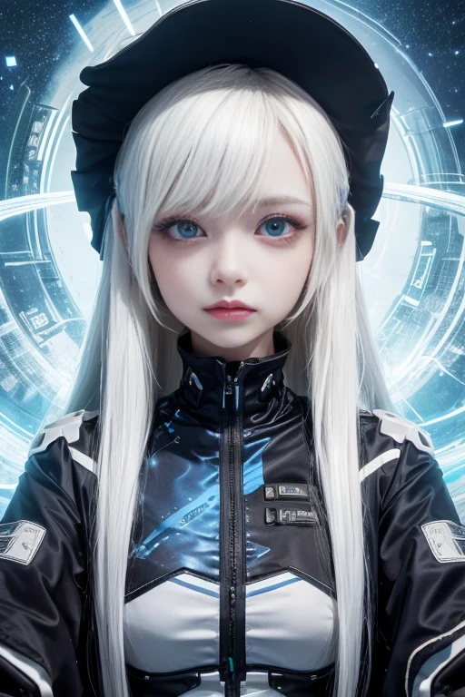 First job, Better quality, Very detailed, Very detailed的插图, "Very detailed eyes", Intricate details, high resolution, 超级Intricate details, Highly detailed 8K CG wallpapers, 50mm Slow, Corrosive, reflection, Ray Tracing, nebula, Hello Darkness, Network Effects, (1 girl: 1.4), solitary, solitary, Mecha Girl, Mechanical Parts, United, Single Robotic Arm, female hat, Mechanical Halo, Hello Star, electric mechanical bodysuit, Mecha Corset, kimono, Full nails, Very long hair, White hair, Hair between the eyes, Colorful hair, blue eyes, Bright Eyes, Random Expression, Random Action, Chinese Architecture, Starry Sky, horizon, ((Center Image)) Beheading is prohibited.