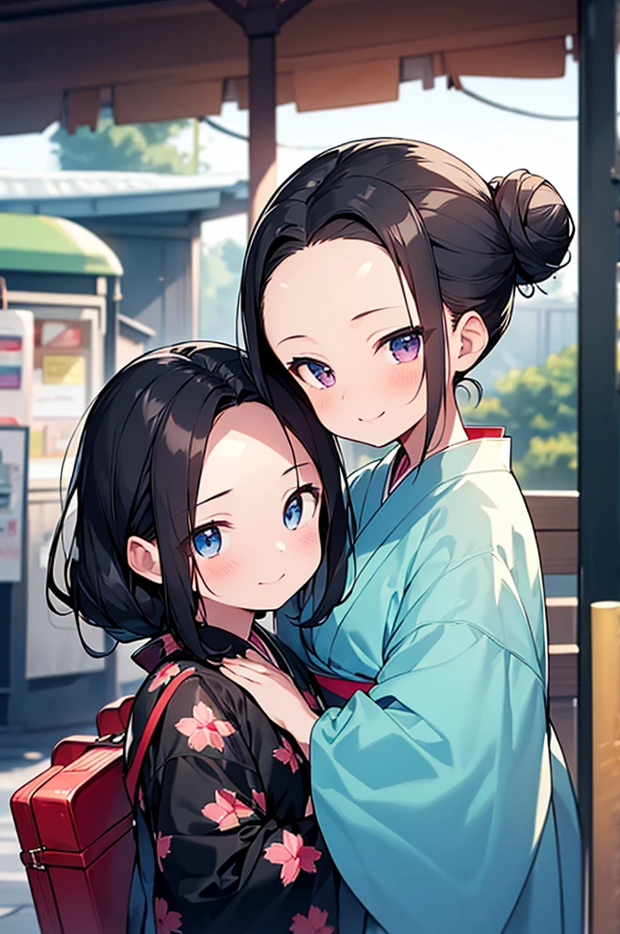 RAWphoto,photorealistic,8k16k,best quality,perfect anatomy,perfect detailed,ultra highres, extremely detailed eyes and face,
gleaming skin,shiny skin,anime screencap,anime colored,1girl,black hair,bun_head,(forehead:1.3),(8yo,Kindergarteners:1.3), wearing a yukata,front of candy shop,little smile
