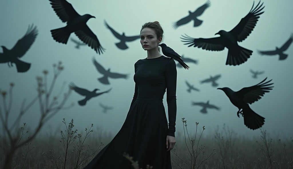 arafed woman in black top and pants standing in front of birds, flora borsi, among ravens, by Galen Dara, ravens stormy sky of foreboding, with a crow on her shoulder, photography alexey gurylev, swarms of ravens, crows, photography alexey kurylev, inspired by Richard Avedon, promo shot