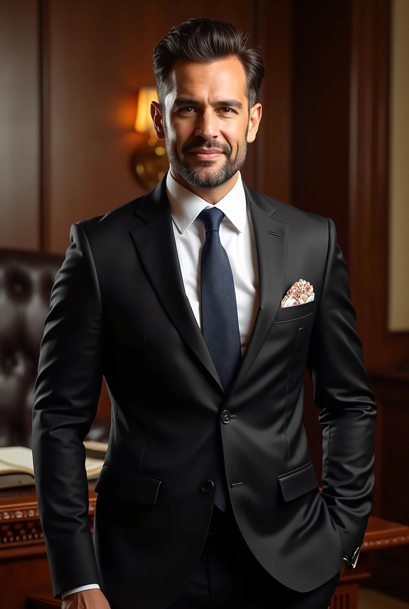 3, Brazilian, Western, handsome and elegant, businessman and manager with a shiny suit and tie, he is a church leader, has a say in power. "DSLR"