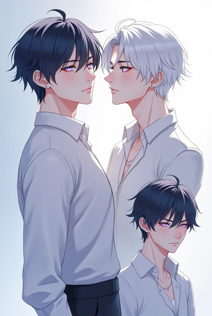 Can you create me a handsome anime boy with white hair with black tips and snow-white skin and light blue eyes with purple and that is in different positions from front to back and in profile?