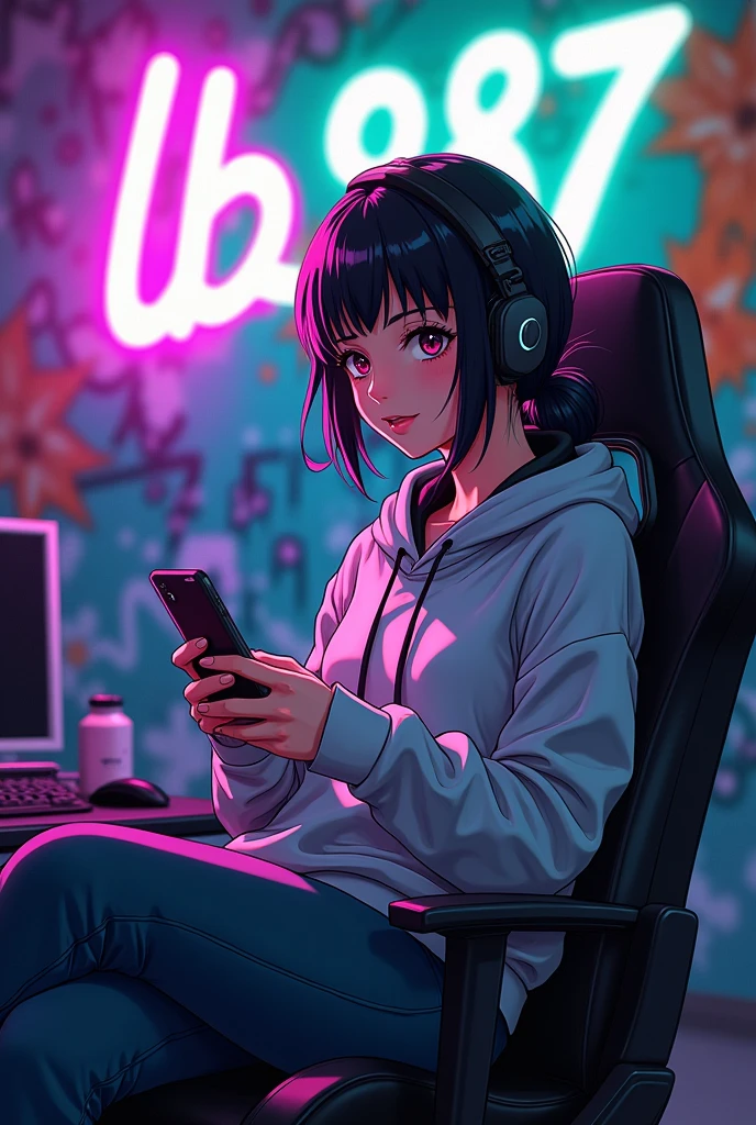 Anime Gaming Profile picture of a woman wearing a hoodie sitting on a gaming chair holding a cellphone. Behind the chair is wall with culture Graffiti in neon color purple green and orange there's a text LB987 written with stylish font in white color.