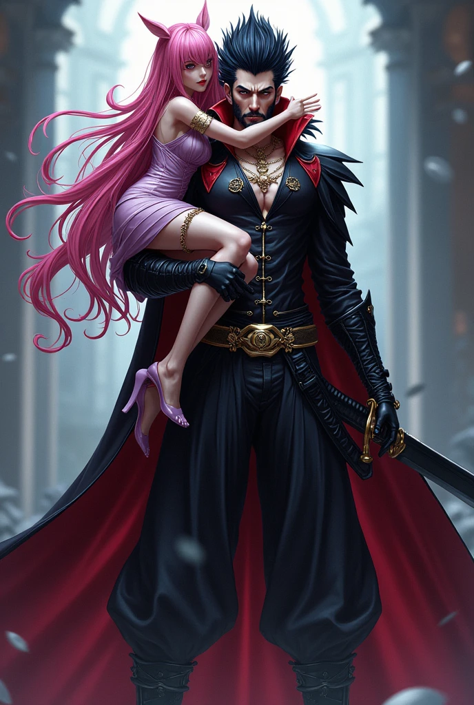 2 persons, Mihawk Dulacre with black hedgehog hairstyle and edged beard carrying pink haired Perona on his shoulder