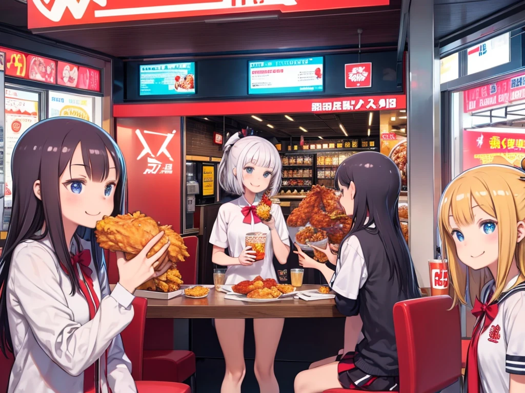 Group of high school girls、friend、Eat fried chicken、Inside a Kentucky Fried Chicken store、Take a seat、smile、Happy、