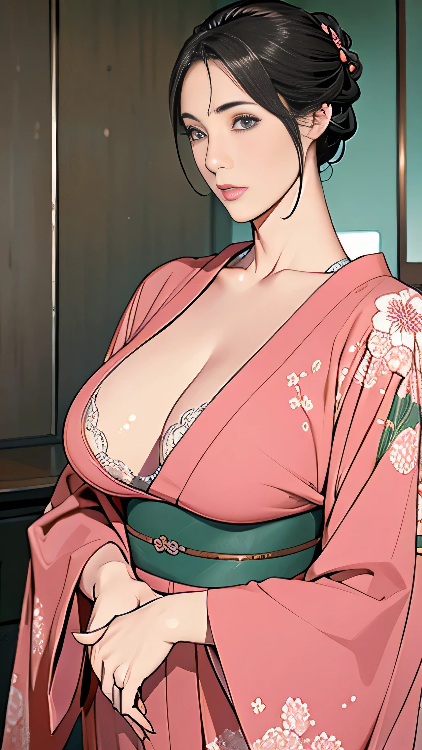 1,Japanese hairstyle,Photorealism,detailed,masterpiece,mature,((full)), (Broad shoulders), ((Huge)),Plus size mature women,expensive,30 years old,Pretty face, (Plump woman),Beautiful long-sleeved kimono,Make your bra visible,kimono,Hold your chest with both hands:1,high quality,Are standing,High resolution 4K information,Kyoto,