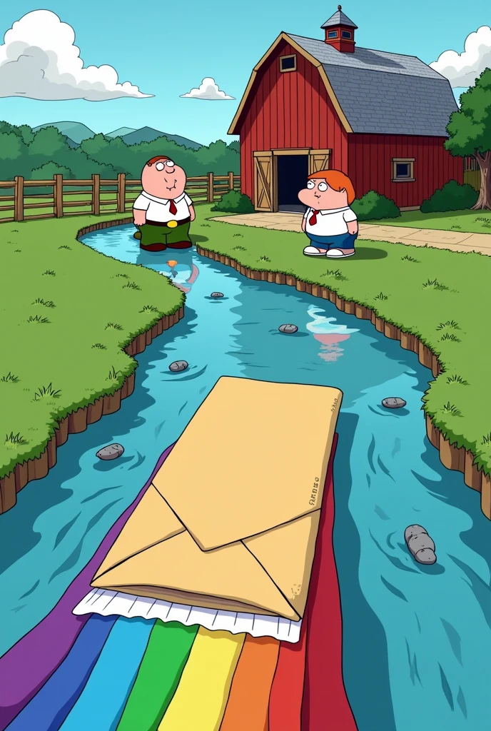 an envelope sliding down a flowing rainbow river with a barn as the background and grass on the side with Brian griffin asking peter griffin “yeah this isn’t gonna end up being sent to France”