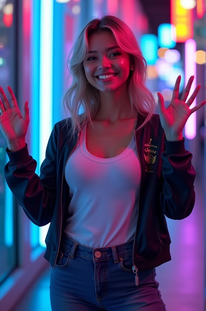 The image shows a woman with shiny, fair skin in a friendly pose. She is standing, smiling warmly, and waving with her right hand. The woman's eyes are large and expressive, with a slight glow that reflects the ambient light, further highlighting her joyful expression.She is dressed in a simple t-shirt, over which she wears a stylish jacket. The jacket is dark in color, contrasting with her fair skin, and has a modern cut. She is also wearing fitted jeans that accentuate her legs, ending in a pair of sturdy boots that complement her casual and cool look.The surroundings are illuminated by neon lights in blue and violet colors, creating a vibrant and modern atmosphere. The neon lights softly reflect off her skin, creating a shimmering effect that highlights her figure in the scene. The combination of neon colors and the shine on her skin gives a sense of energy and dynamism to the scene, making the woman stand out even more.