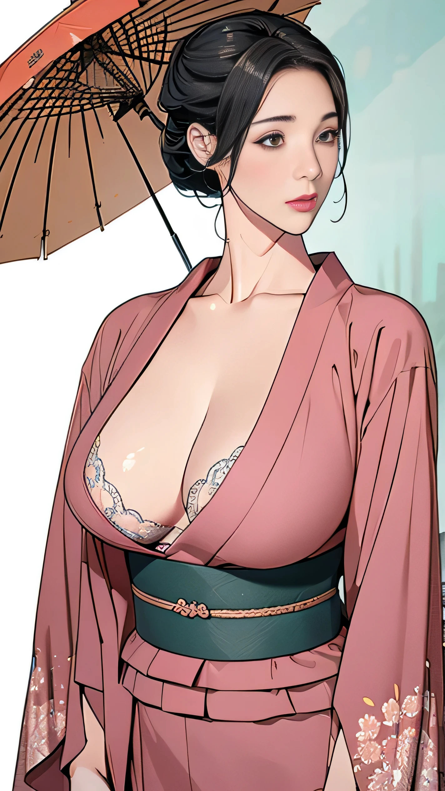 1，Japanese hairstyle，Photorealism，detailed，masterpiece，mature，((full))， (Broad shoulders), ((Huge))，Plus size mature women，expensive，30 years old，Pretty face, (Plump woman)，Beautiful long-sleeved kimono，Make your bra visible,kimono，Hold your chest with both hands:1，high quality，Are standing，High resolution 4K information,Kyoto,
