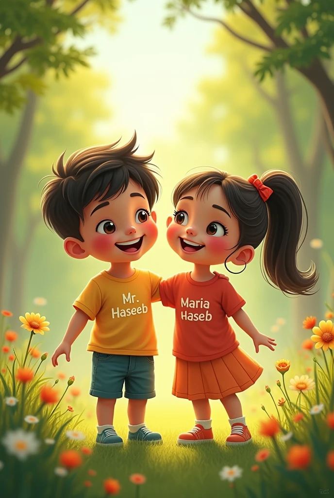 Creat a picture boy and girl wear teashart boy shart name mr haseeb and girl shart name maria haseeb bagraund with nature 