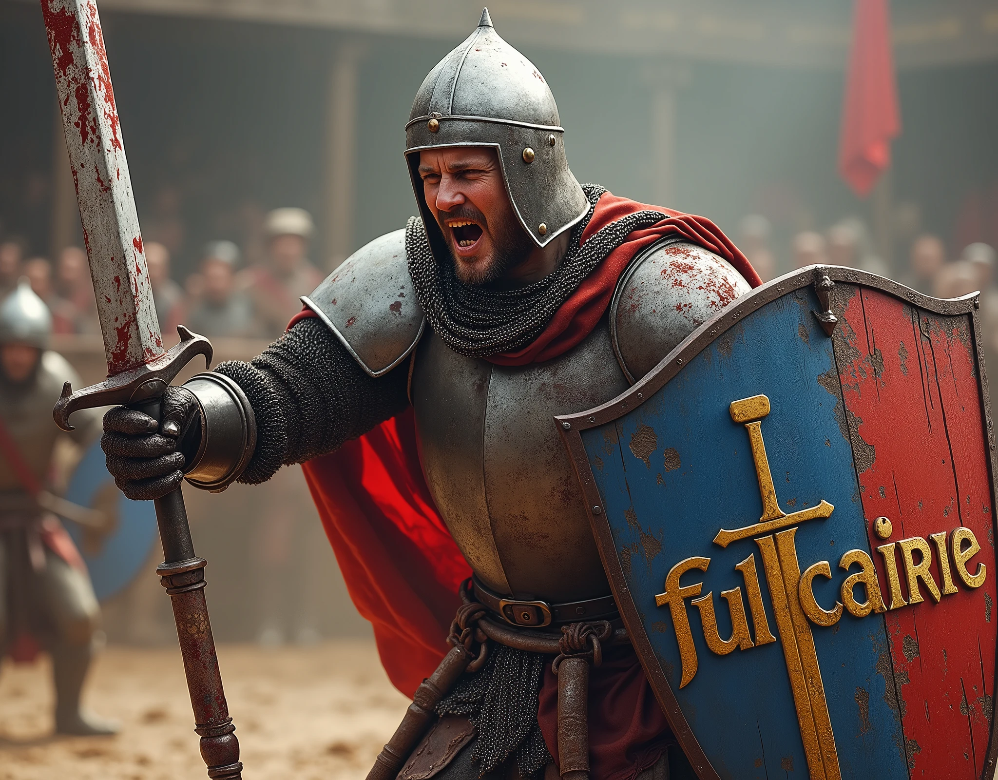 A poster depicting a pikeman brandishing a bloody steel sword, and carrying a shield blue and red shield with thin vertical yellow sword painted upwards coat of arms, damaged by fighting. (He's in a medieval arena, with the words "Fulcaire" written in large golden letters in the foreground). (medieval battered chain mail, helmet, gloves, very battle-damaged). He has white skin and scars on his face. shouting, covered by bloods.