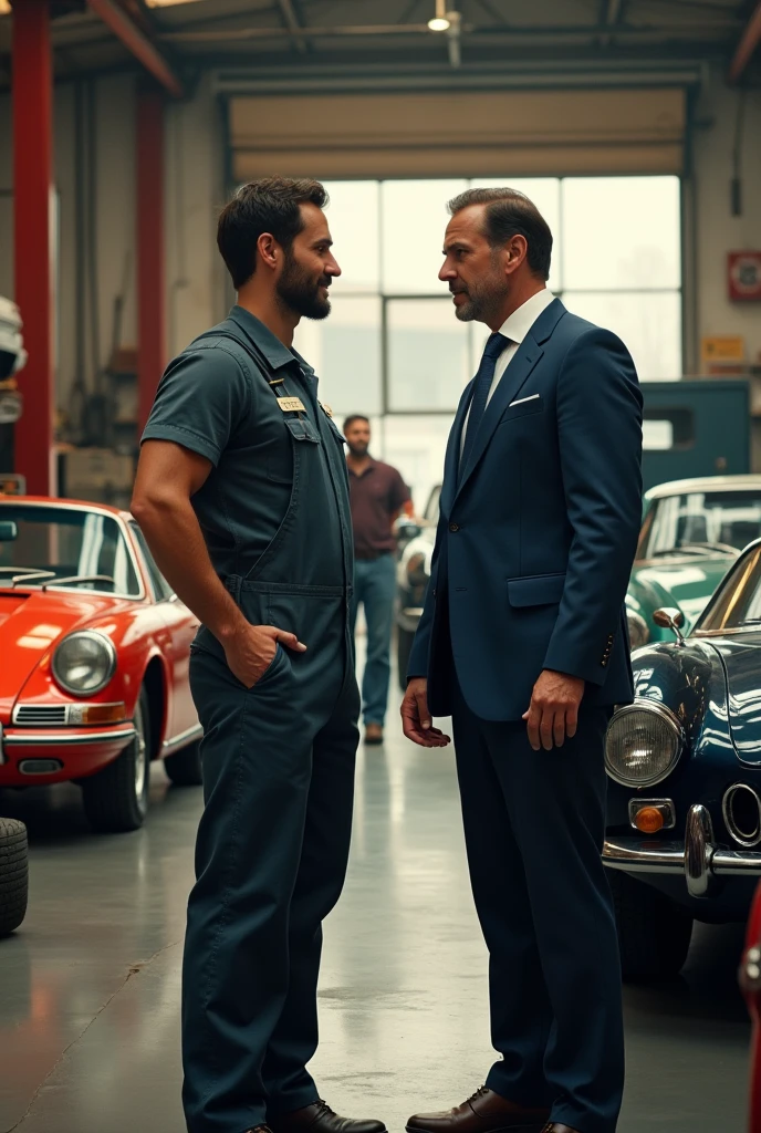 A large, old garage filled with classic cars such as Porsche, Ferrari, and BMW. The garage has a vintage, slightly worn look, with tools and car parts scattered around. Three mechanics are present, all wearing mechanic uniforms. One mechanic, the boss, is a tall, muscular yet naturally built dark-haired man with light stubble. He is dressed in a typical mechanic's outfit and is observing the other mechanics at work while conversing with a businessman. The businessman is a tall, clean-shaven blond man in his 40s, wearing a dark blue suit with a gold watch. The mechanics are busy; one is focused on working under the hood of a car, looking deeply concentrated. The lighting is warm, highlighting the rich details of the classic cars and the industrious atmosphere of the garage.