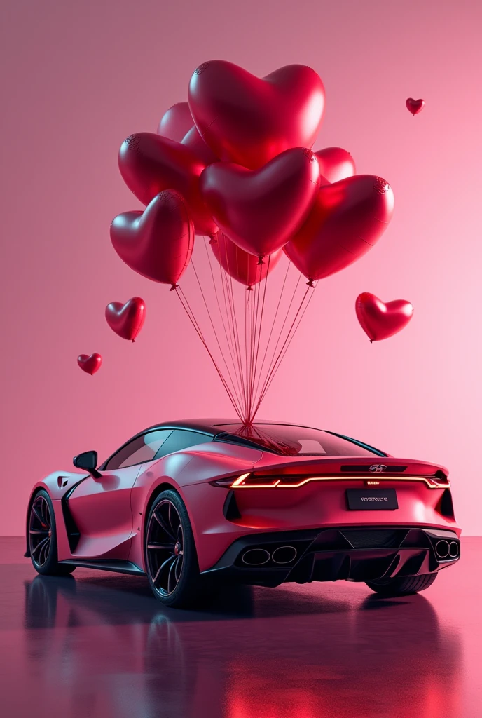 Car with speakers in the trunk and heart-shaped balloons hanging from it, in profile, High quality, 8k