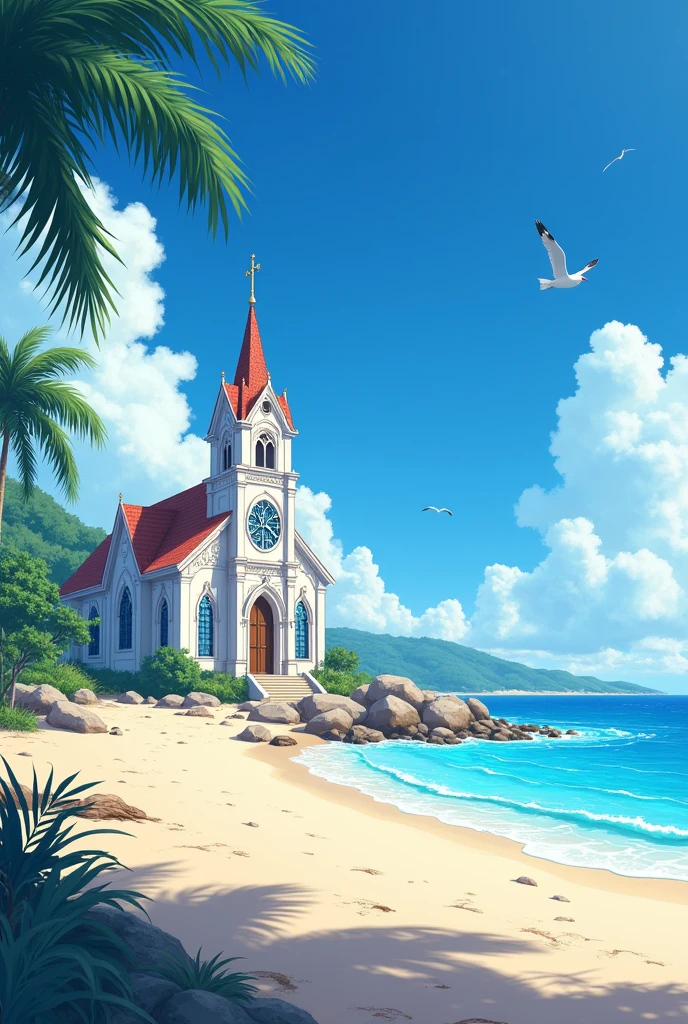 anime style art, church in beach area, without people 