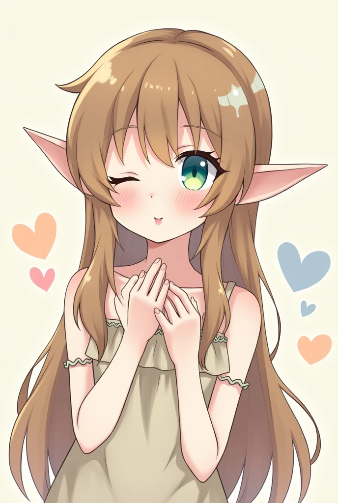A not so realistic drawn cute and slightly sexy anime elf or fairy that is sending a kiss, one closed eye, with brown and golden long hair and blue and green eyes, without a backround, in anime style drawn: without much lightning and sharper edgesof colors