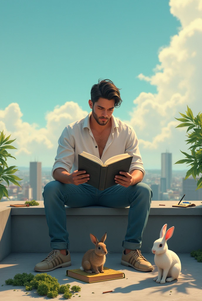 A man reading a book at rooftop with weed and some ciggerate also he has a two rabit beside the weed