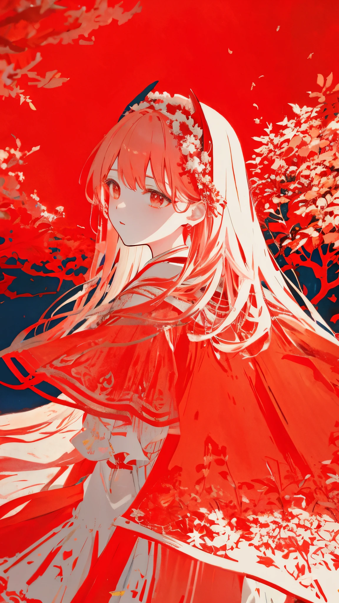 teacher、limited palette、colourfull、landscapes、Woman in wedding dress、the woods、natta、Red flowers、red leaves、Detailed background、​masterpiece、top-quality、