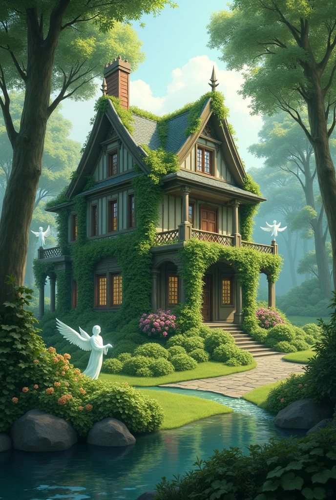 A house with lots of greenery, with several angels around him shining