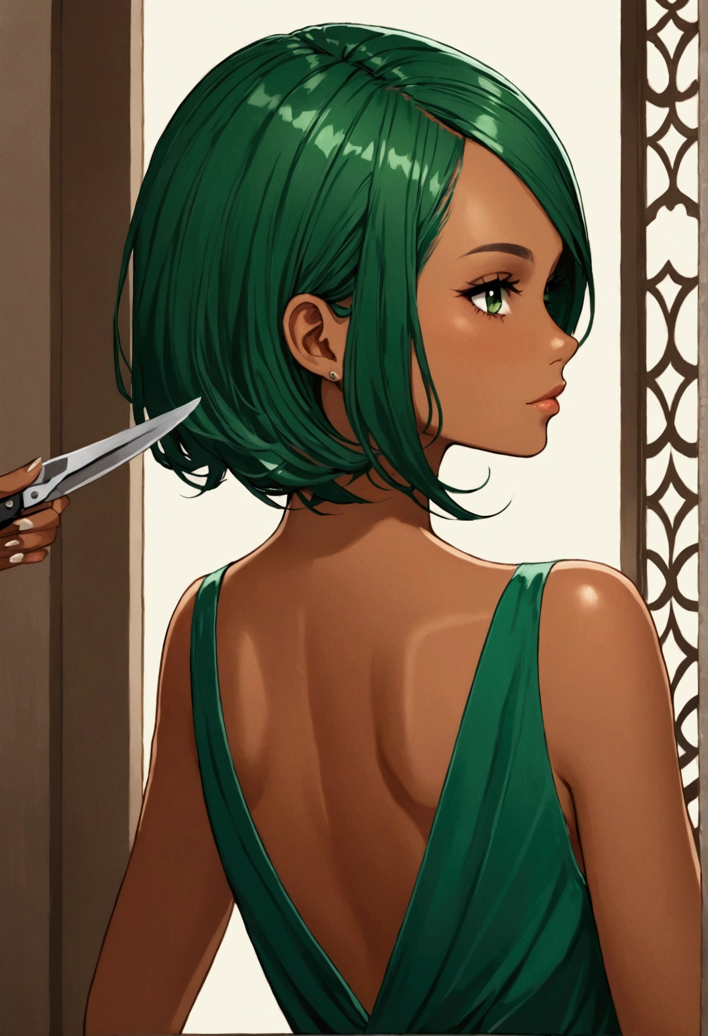 Tan skin girl cutting her long dark green hair short