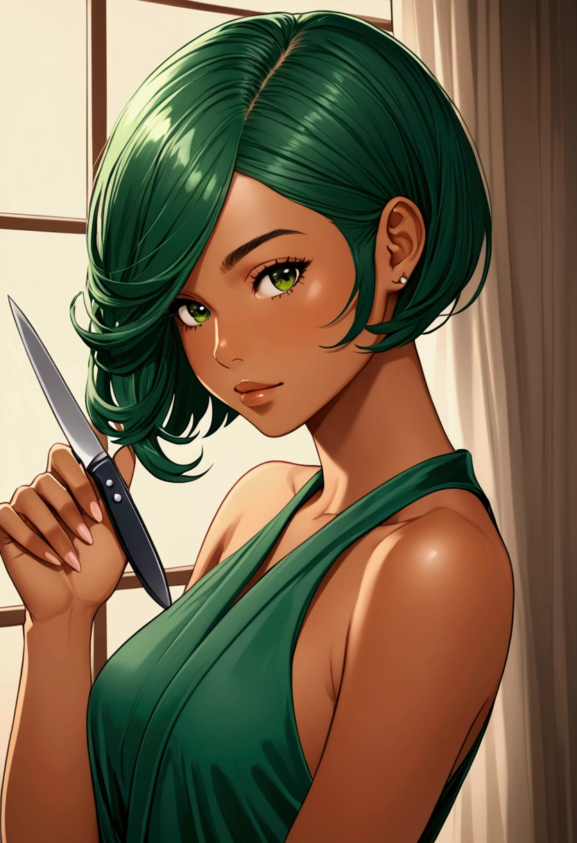 Tan skin girl cutting her long dark green hair short