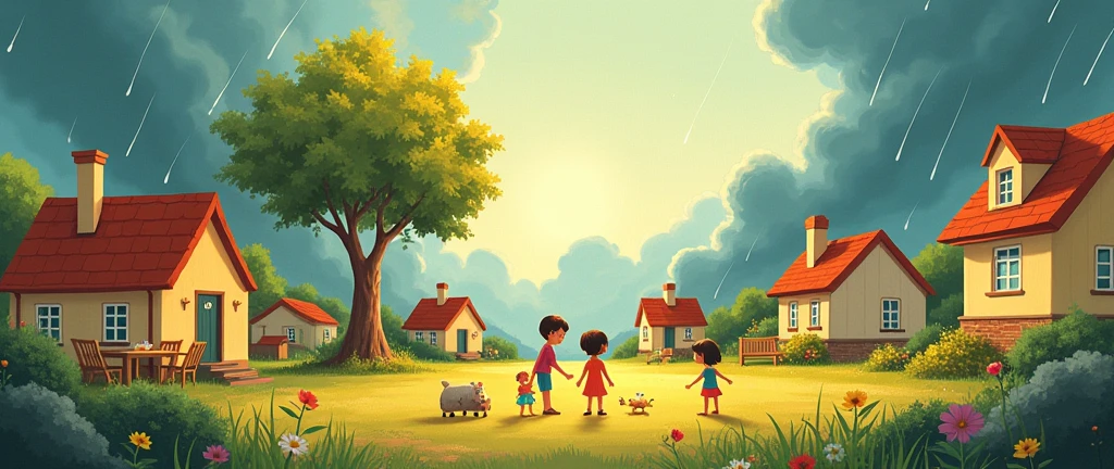 Here’s a prompt for generating an image based on the extended story:

**Prompt:**
"Illustrate a young girl named Lily in a peaceful village setting, performing small acts of kindness: helping her younger brother with his homework at a cozy table, sharing her toys with friends in a sunlit yard, and picking colorful flowers to give to her neighbors. In the background, show the Kindness Tree gradually growing taller and more vibrant with each kind act. Transition the scene to a stormy night, with dark clouds and heavy rain battering the village, causing damage to the homes. Despite the storm, depict Lily looking out anxiously towards the Kindness Tree. In the final scene, show the aftermath of the storm, with the sun breaking through the clouds, revealing the Kindness Tree standing tall, strong, and even more lush and green, symbolizing the resilience and strength that kindness brings to the community."